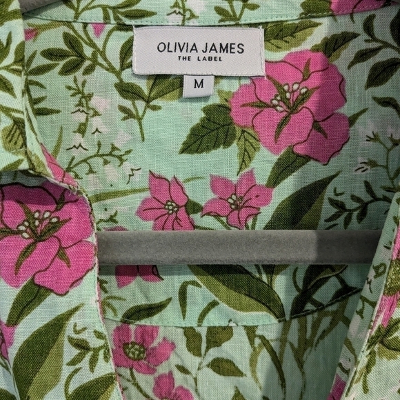 Olivia James The Label Green Pink Floral 100% Linen Long Sleeve Cropped Top - Picture 7 of 9